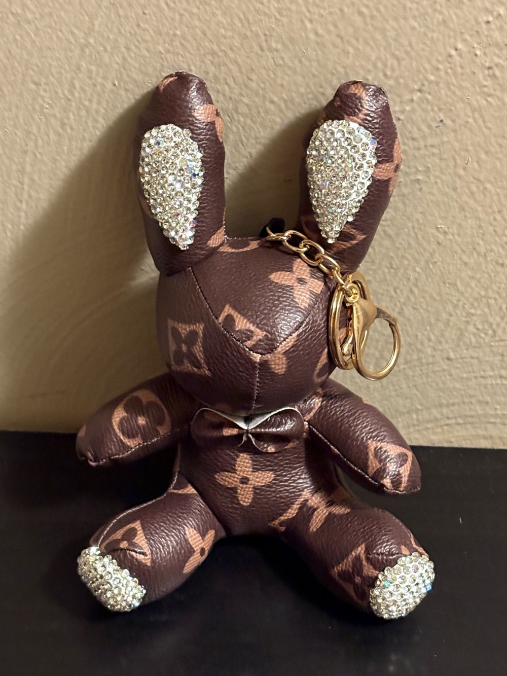 Brown flower Rabbit Bunny Figure Doll Keychain with Crystal Rhinestone Accents